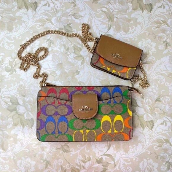 COACH C4697 POPPY CROSSBODY IN RAINBOW SIGNATURE CANVAS IM/LIGHT SADDLE MULTI - Picture 1 of 6